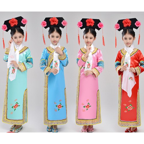Chinese folk dance  costumes for kids children Qing Dynasty Dramaturgic Dress  Chinese Traditional Ancient Theatrical Robe Dande Wear